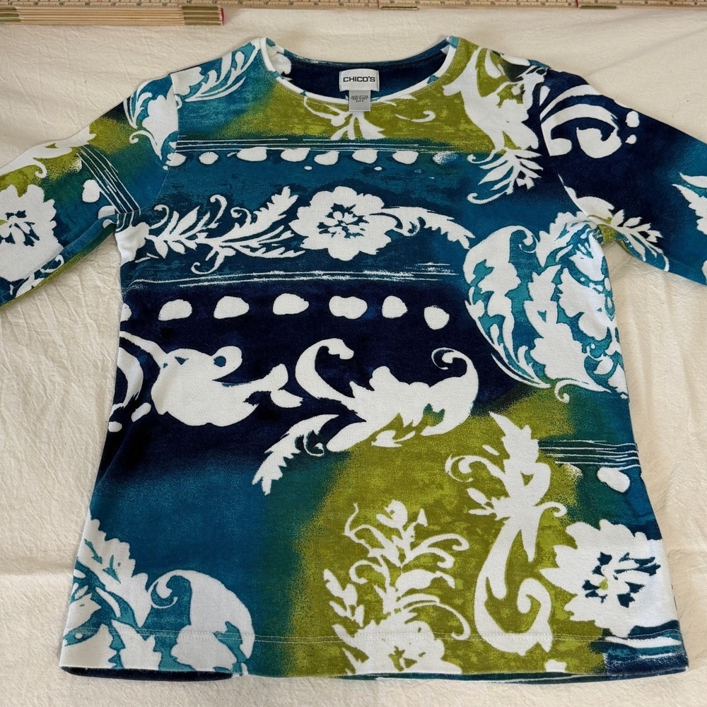 Chicos Size 0 Womens Teal Green Abstract Floral Damask Cotton Long Sleeve Top